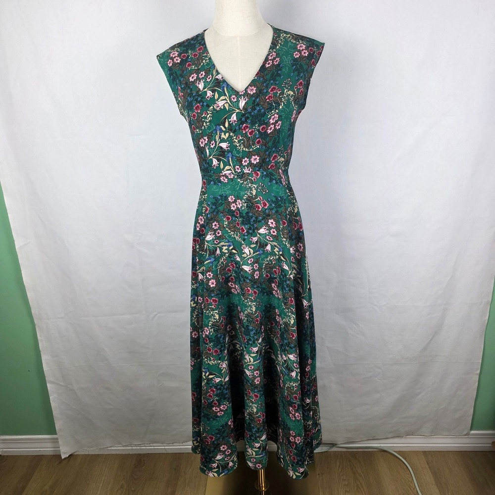 159-MA Green Floral Sleeveless Midi Dress with Side Stripe Size S